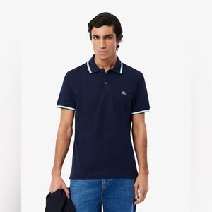 Lacoste Regular Fit Trim Accent Short Sleeve Pique Polo Navy Blue Men Small $125